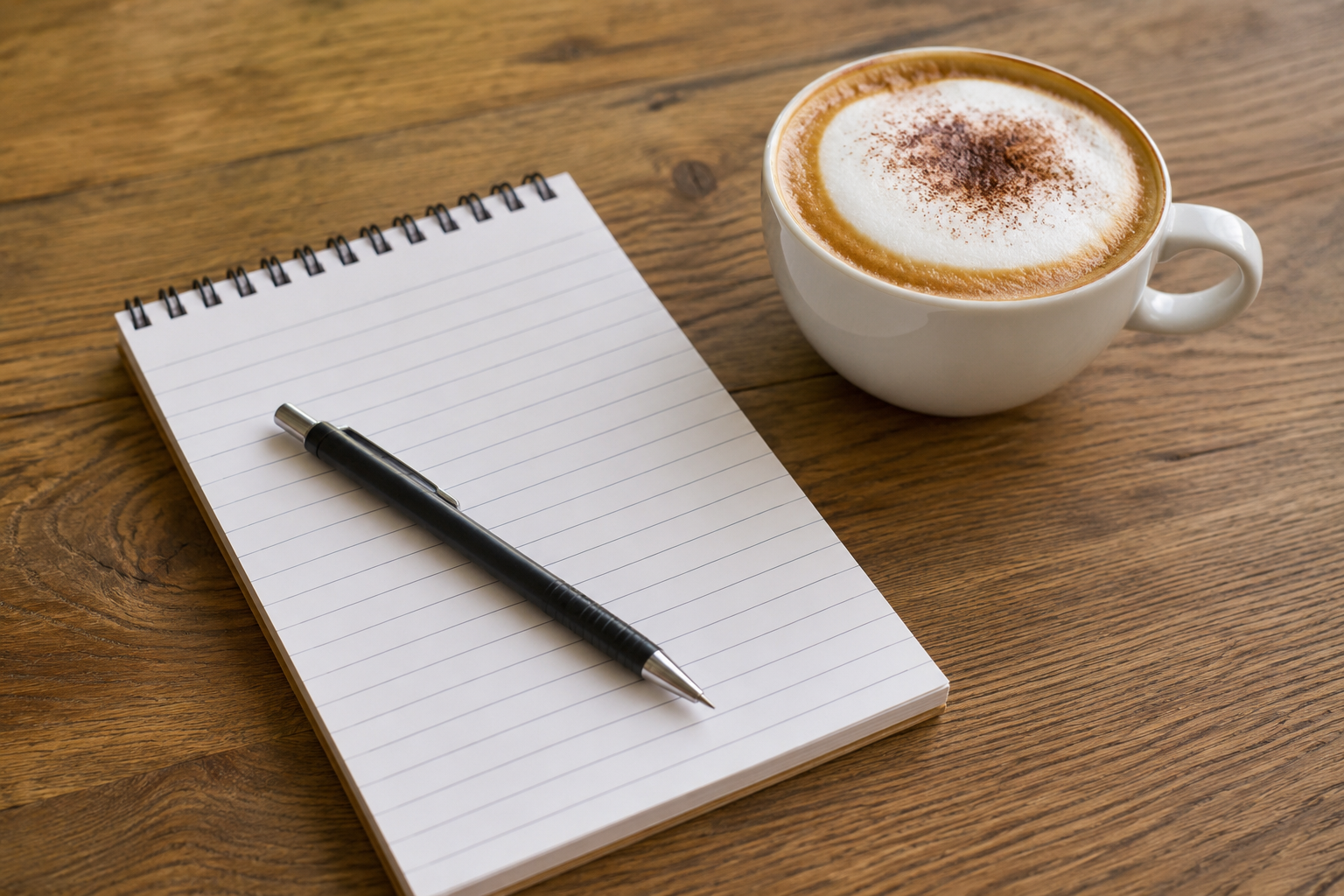 Initial consultation — notepad, pen, and a cappuccino on a wood table