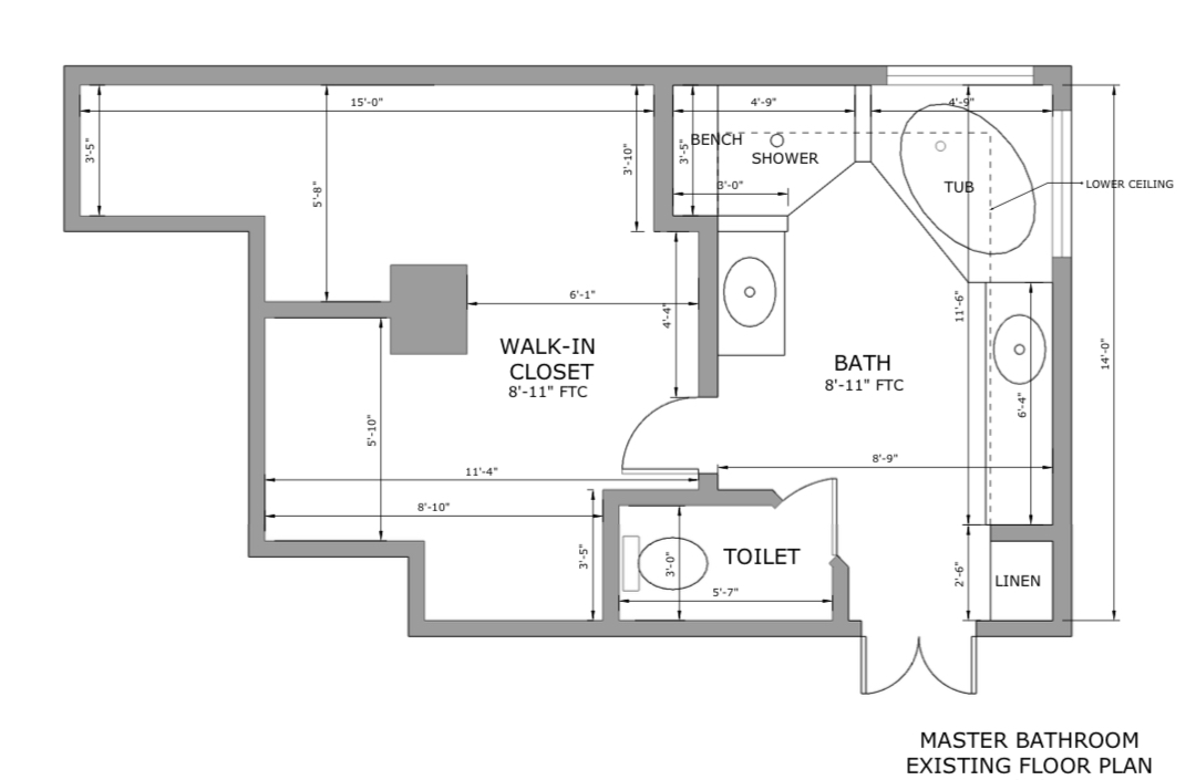 Existing floor plan with measurements — primary bedroom and bath