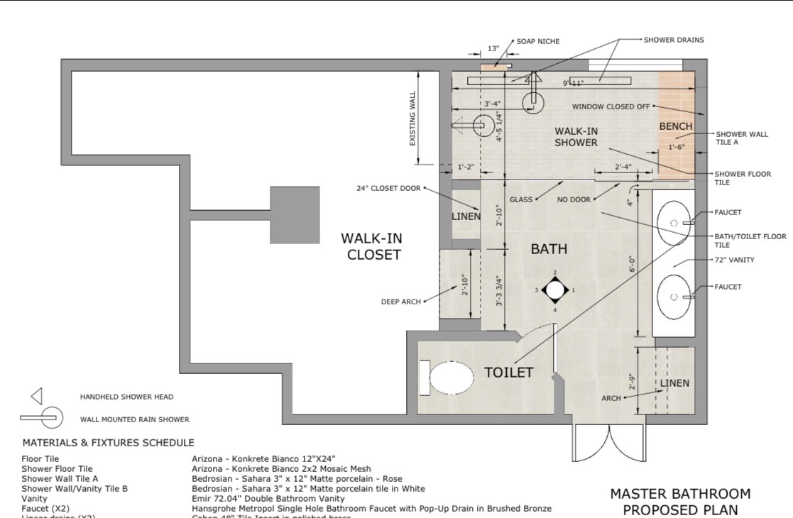 Concept floor plan with detailed annotations — primary bath and bedroom