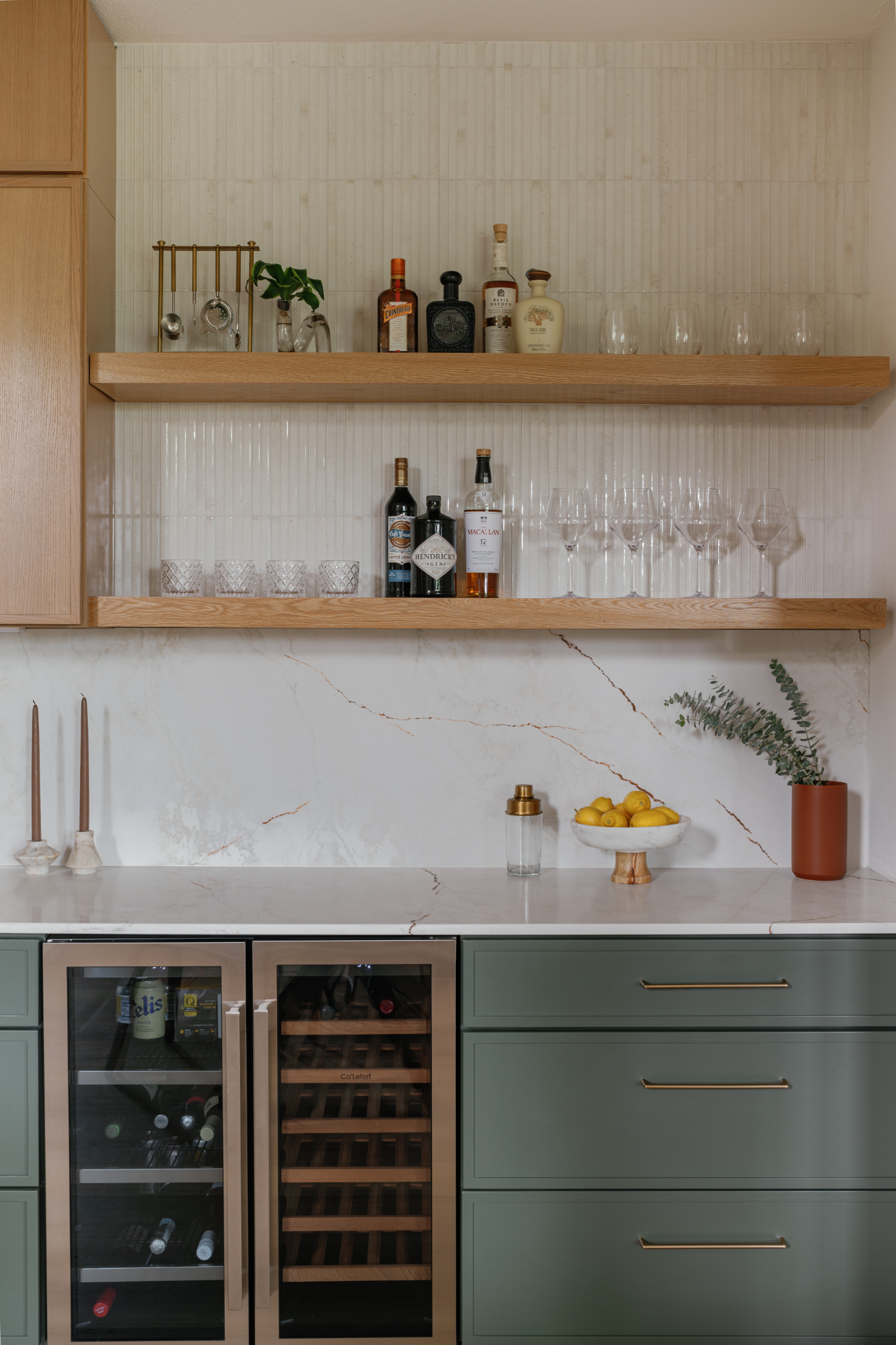 Built-in bar with floating oak shelves